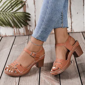 Close-up detail of tan Roman-style sandals with block heel and buckle strap on wood deck