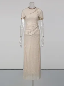 Elegant slim fit crew neck rhinestone maxi dress with unique shawl sleeves detail