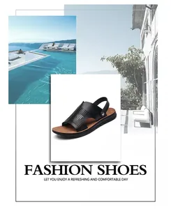 Men's breathable black PU leather sandals with laser-cut design for summer beach wear.