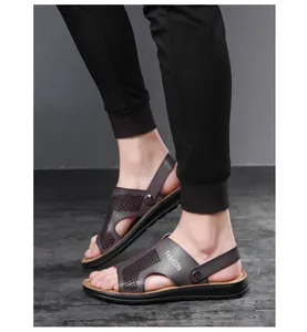 Detail view of breathable men's PU leather beach sandals with laser-cut design