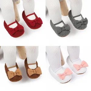 Baby Girls Bowknot Teddy Fleece Prewalker Shoes Soft Sole Warm Infant Toddler First Walkers For Autumn Winter