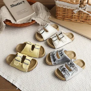 Pantuflas Estilo Birkenstock para Niñas Hebilla Doble Borde con Flecos Slides de Verano de Moda para Niños Zapatos Casuales al Aire Libre