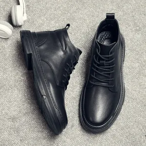 Bottines Martin en cuir noir pour hommes, style britannique à tige haute et laçage