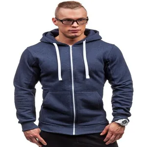 Detail view of a men's slim fit dark blue zip-up hoodie with white drawstring hood.