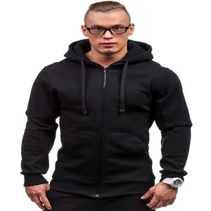 Men's slim fit black zip-up hoodie with front pockets and drawstrings for casual wear