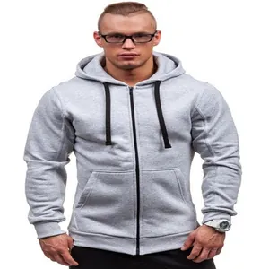Front view of a premium men's light gray zip-up hooded sweatshirt jacket for autumn
