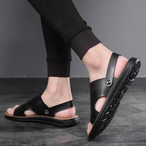 Stylish men's black PU leather sandals with perforated design and thick non-slip sole