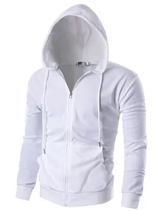 Clean white men's full-zip hooded sweatshirt with front pockets and drawstrings