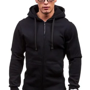 Classic men's black zip-up hoodie with adjustable drawstring hood and kangaroo pockets