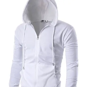 Men's casual white zip-up hoodie featuring a drawstring hood and front kangaroo pockets
