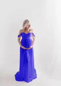 Elegant royal blue off-shoulder chiffon maternity gown for photography sessions