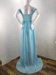 Back view of a light blue off-the-shoulder lace maternity dress for photography