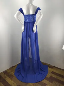 Back view of a blue lace and chiffon maternity photography dress with a long train