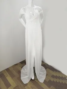 Elegant white off-shoulder maternity photography dress with front slit floor-length
