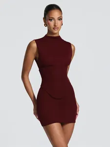 Detail view of a burgundy sleeveless mini dress with a matching corset waist seal