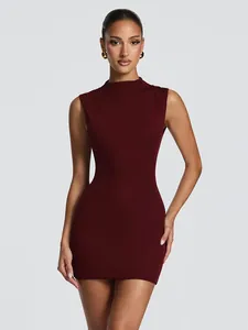 Elegant burgundy sleeveless bodycon mini dress featuring a high neck and slim fit.