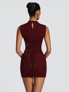Back view of burgundy sleeveless bodycon dress with lace-up corset belt detail