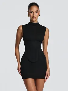 Sleeveless black bodycon dress featuring a matching corset waist cincher two-piece set