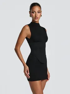 Elegant black sleeveless bodycon mini dress featuring a matching corset waist cincher
