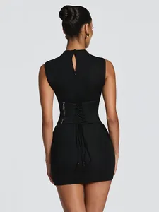 Detailed back view of a sexy black sleeveless mini dress with a lace-up corset waist belt