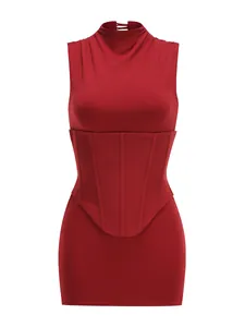 Front view detail of a red sleeveless bodycon dress with a matching corset belt.