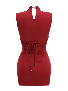 Detailed back view of red sleeveless bodycon mini dress with lace-up waist cincher