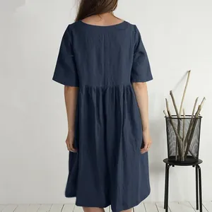 Back view of navy blue cotton linen midi dress with loose casual fit and round neck