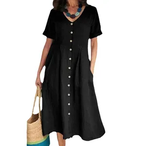 Solid color loose high-waist cotton linen dress with V-neck and buttons