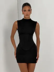 Sexy black sleeveless bodycon dress with structured corset waist cincher two-piece set