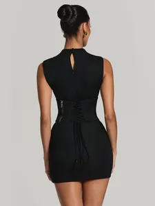 Elegant black sleeveless bodycon mini dress with adjustable lace-up corset belt for women