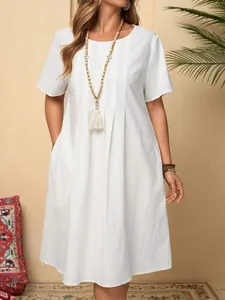 Robe Midi Femme Vintage en Coton et Lin Décontractée Ample Manches Courtes Col Rond Plissée Avec Poches Bohème Couleur Unie Été