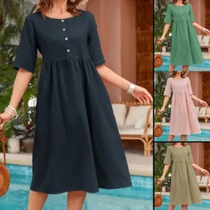 Women Cotton Linen Round Neck Short Sleeve Midi Dress Loose Casual Solid Color Pleated Button Summer Dress With Pockets