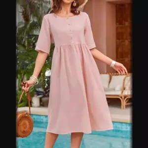 Elegant casual pink cotton linen round neck midi dress with buttons and short sleeves for summer
