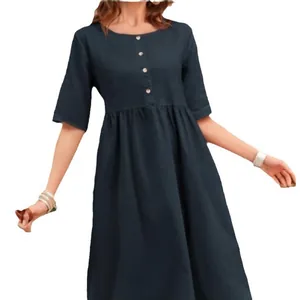 Elegant dark blue cotton linen midi dress featuring a round neck and decorative buttons