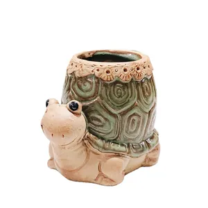 Pot de fleurs succulent en céramique en forme de tortue de dessin animé avec coque verte