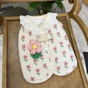 Small Pet Cotton Vest Quilted Floral Winter Coat For Dogs Cats Sweet Lace Trim Jacket With Traction D-Ring Pet Apparel