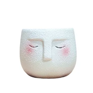 Cute cartoon face ceramic succulent flower pot with textured white finish and pink cheeks