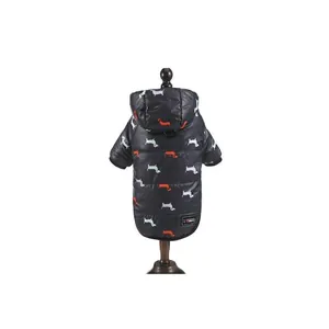 Thickened black pet winter puffer jacket featuring a colorful dachshund dog pattern print
