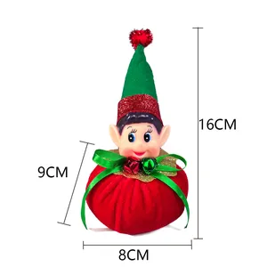 Detailed dimensions of plush Christmas elf figurine with red velvet base and green hat