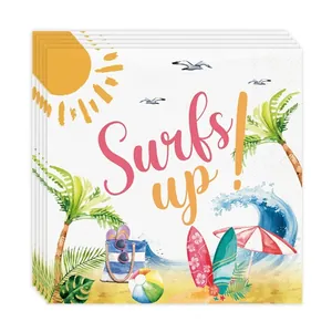 Close-up of disposable paper napkins featuring a vibrant summer beach and surf design