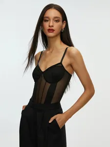 Close-up view of a sexy black mesh panel sheer corset bodysuit for women with slim fit