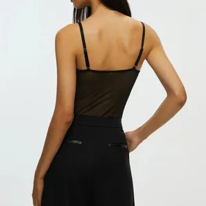 Detailed back view of a black sheer mesh bodysuit with thin adjustable spaghetti straps.