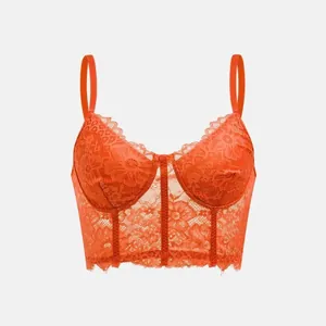 Sexy leuchtend orangefarbener Blumen-Spitzen-Bustier mit feinen Wimpernspitzendetails