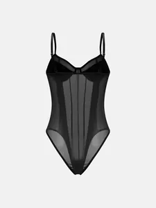 Detailed view of black sheer mesh camisole bodysuit with vertical corset boning.