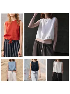 Dames Casual Katoen Linnen Mouwloze Tanktop Ronde Hals Trekkoord Zoom Losse Vest Korte Zomer Resort Top