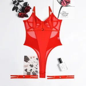 Sexy red sheer mesh bodysuit lingerie set with underwire cups and matching leg straps