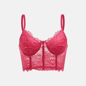 Detailansicht eines rosa Spitzen-Bustiers mit Wimpernborte und Blumenmuster.