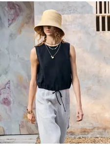 Casual mouwloze crop top met trekkoord voor dames van ademende en lichte linnenmix stof