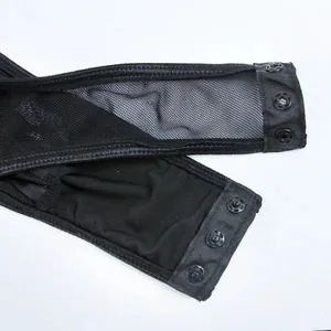 Detailed close-up of a black mesh bodysuit featuring secure triple snap button closure.
