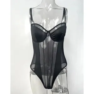 Detailed view of a black mesh bodysuit with underwire cups on a clear mannequin.